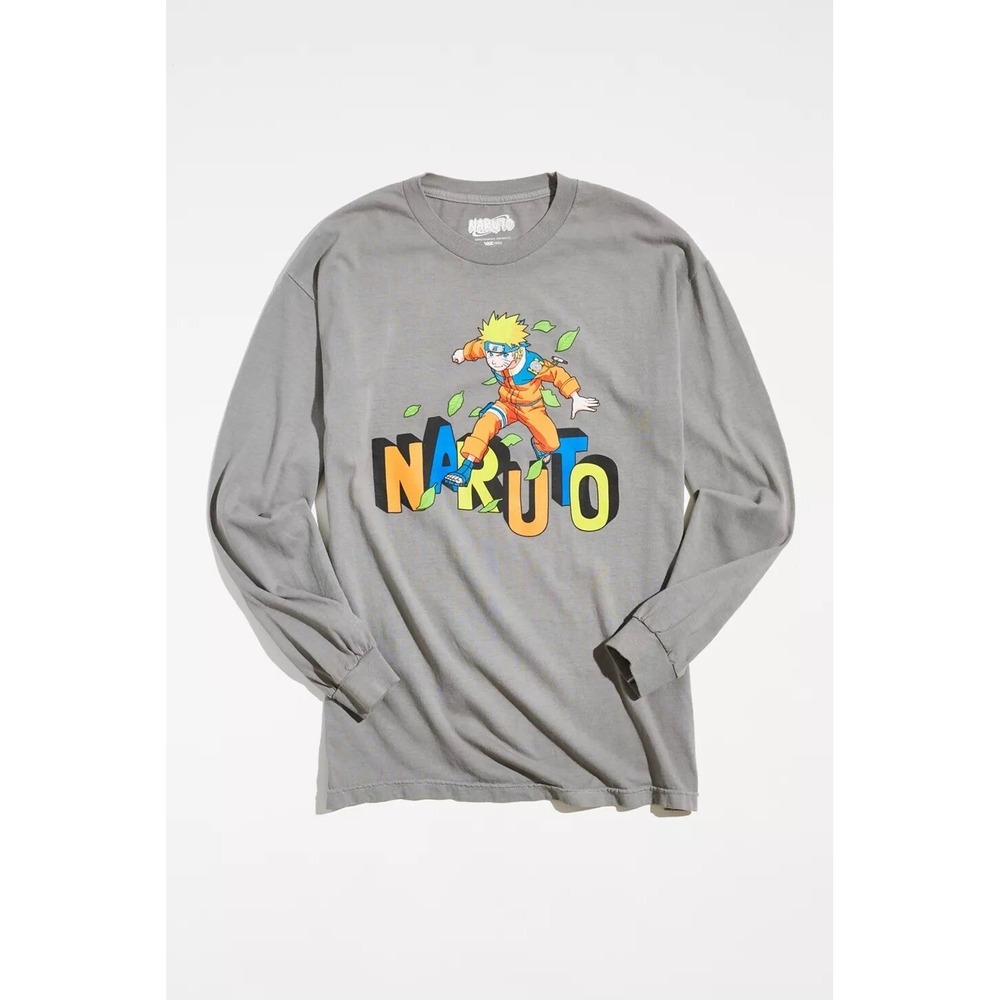 Naruto Runner Long Sleeve T Shirt Men's L Graphic Tee Block Letters Leaves